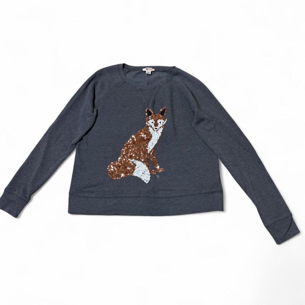 Route 66 Women's Gray Sequin Fox Sweatshirt Large Long Sleeve Crewneck Pullover